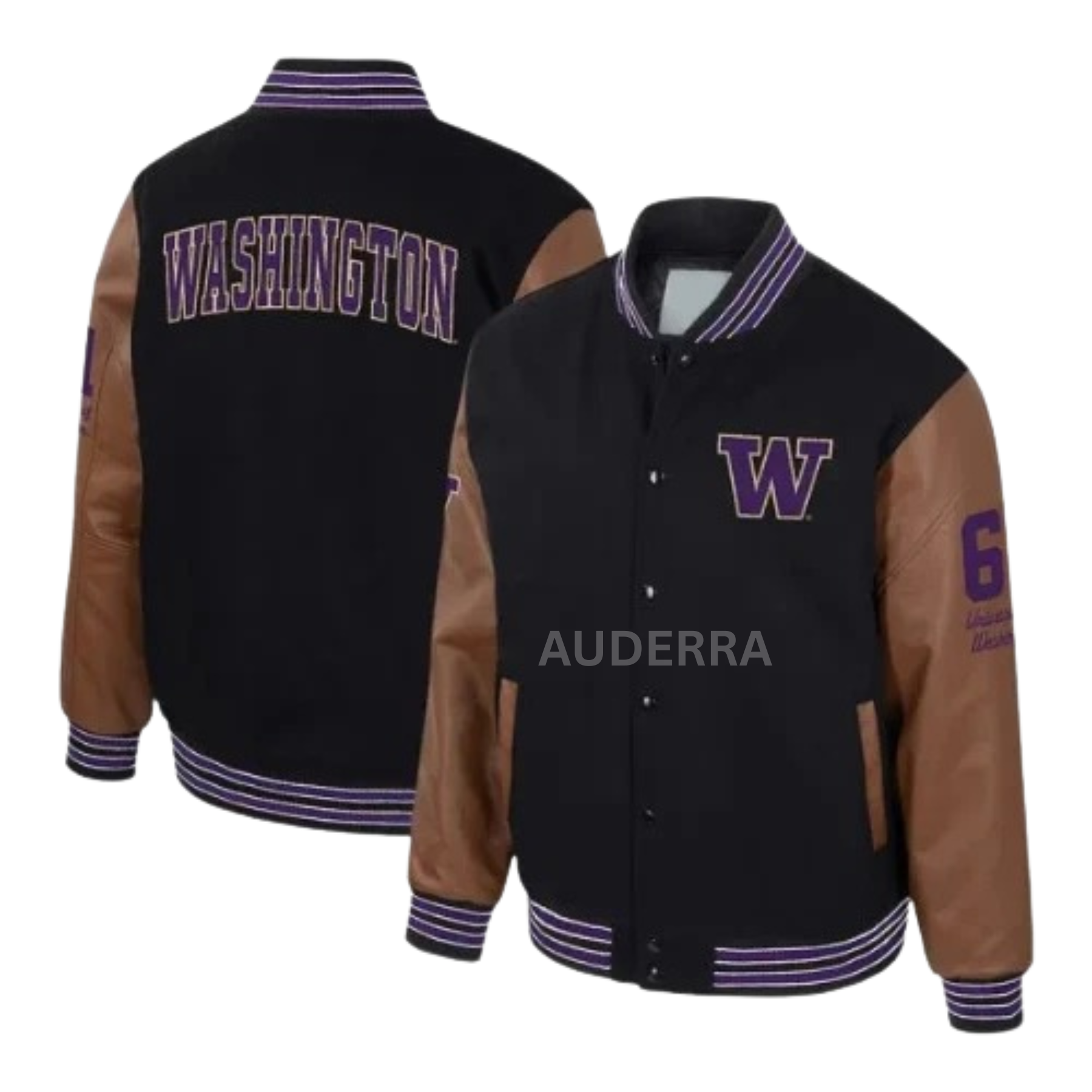 Washington Huskies Black Wool Genuine Leather Sleeves Letterman Varsity Jacket - Image 4