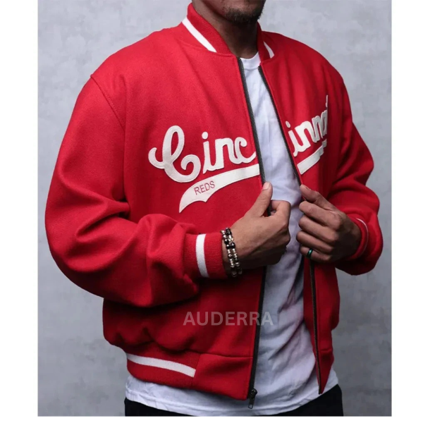 1969 Cincinnati Reds Full-Zip Red Wool Varsity Women's Letterman Bomber Jacket - Image 3