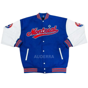 Montreal Expos Blue Wool White Genuine Leather Sleeves Varsity Letterman Jacket