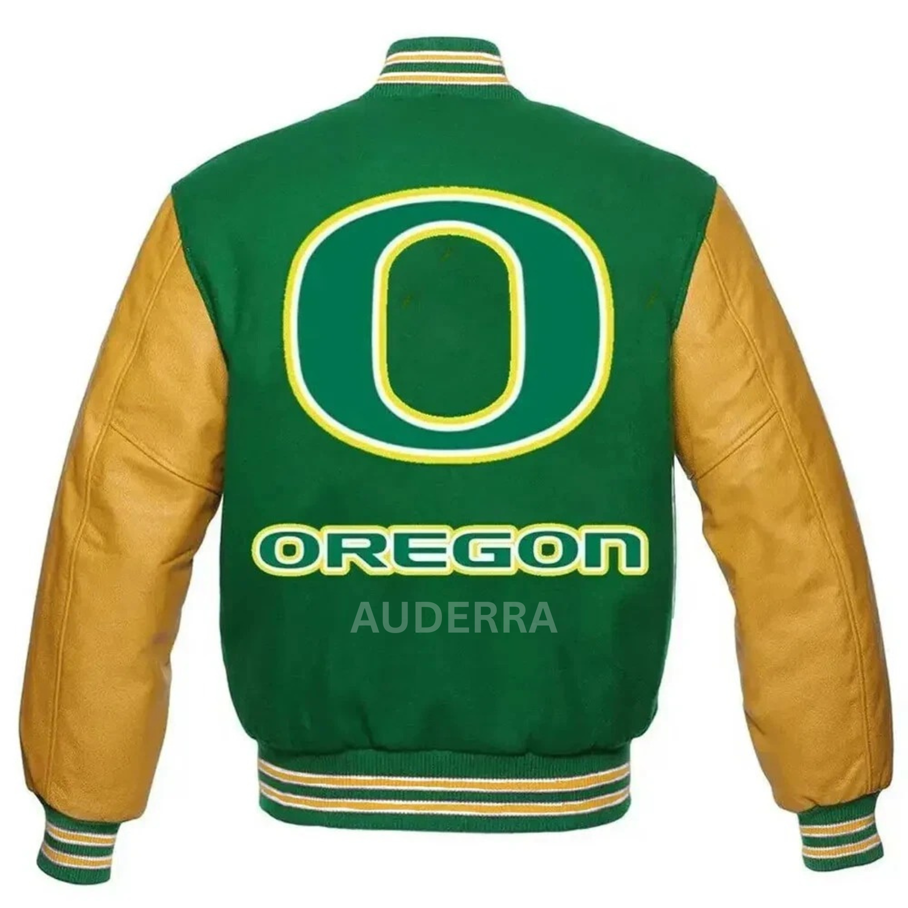 Oregon Ducks Green Wool Genuine Leather Sleeves Letterman Varsity Women's Jacket - Image 3