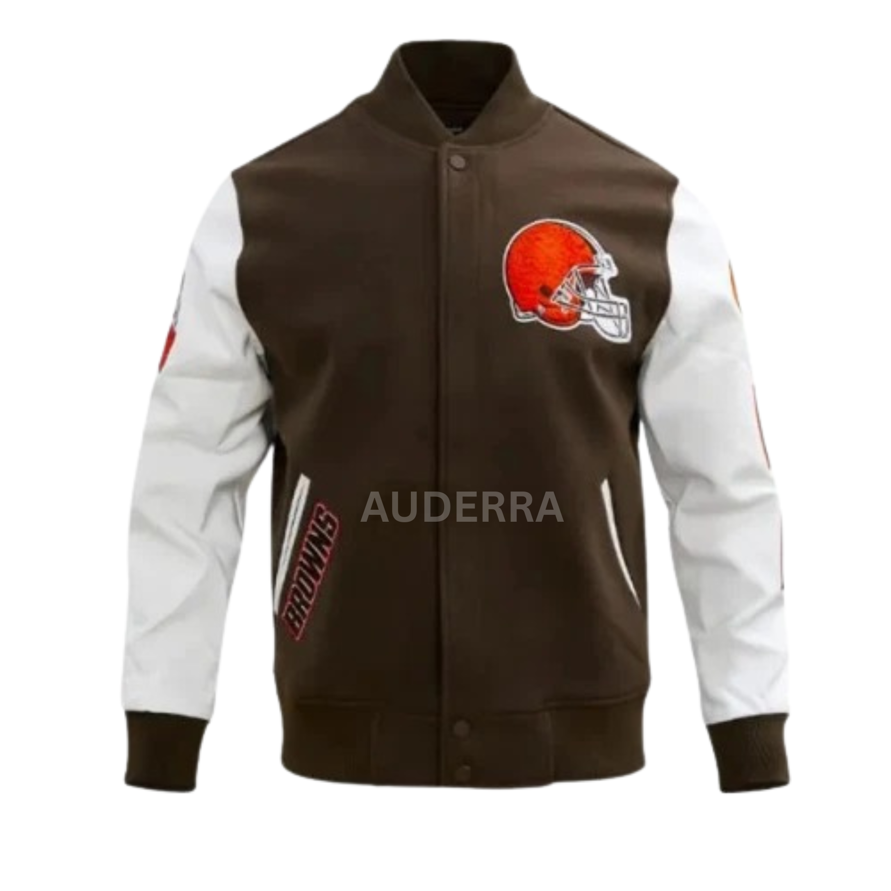 Cleveland Browns Brown Wool Genuine White Leather Varsity Women_s Letterman Jacket - Image 3
