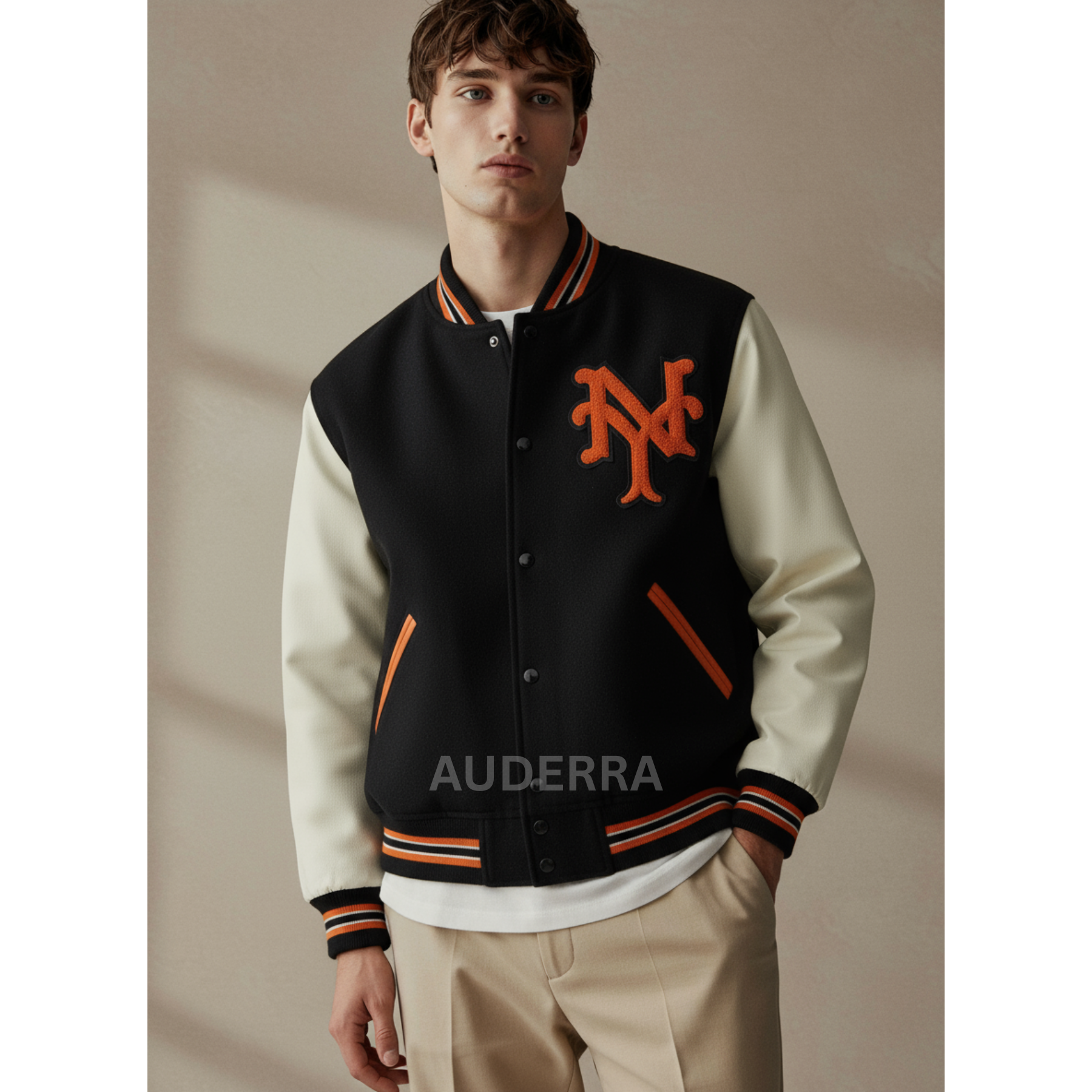 NY New York Giants Black Wool Varsity Genuine Leather Sleeves Letterman Jacket