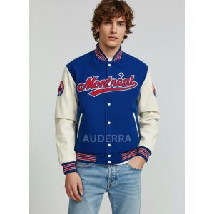 Montreal Expos Blue Wool White Genuine Leather Sleeves Varsity Letterman Jacket