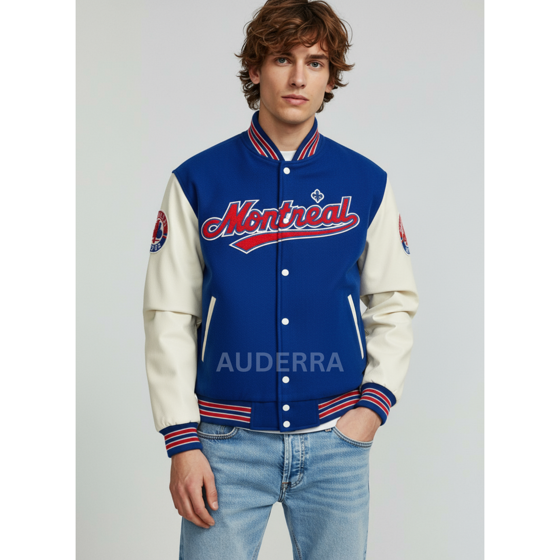Montreal Expos Blue Wool White Genuine Leather Sleeves Varsity Letterman Jacket