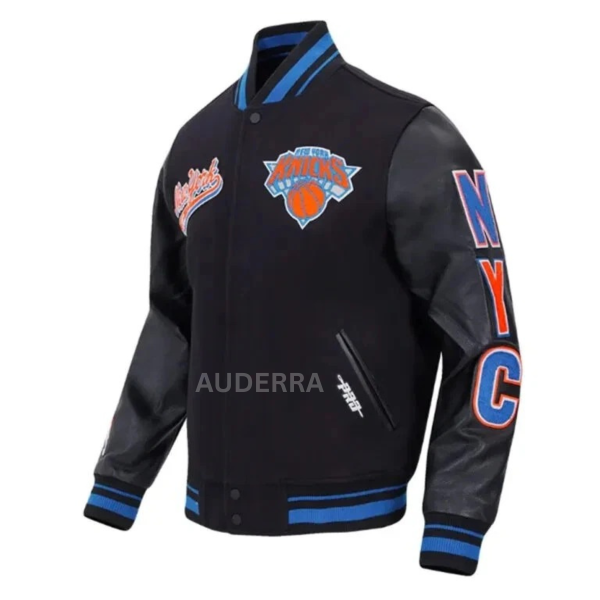NY Knicks Script Tail Varsity Black Wool Genuine Leather Sleeves Men's Jacket - Image 3