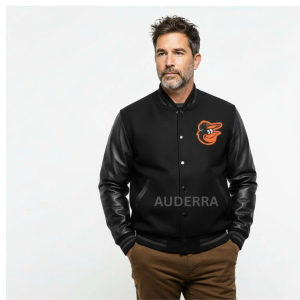 Baltimore Orioles Black Wool and Genuine Leather Varsity Letterman Men's Jacket