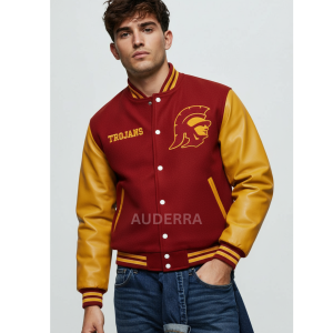 California USC Trojans Red Wool and Gold Leather Varsity Letterman Men's Jacket