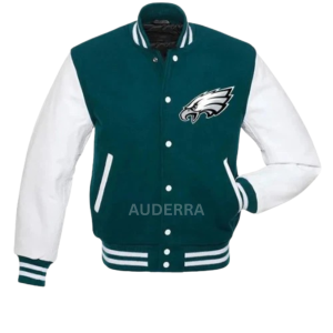 Philadelphia Eagles Green Wool and Leather Letterman Varsity Women's Bomber Jacket