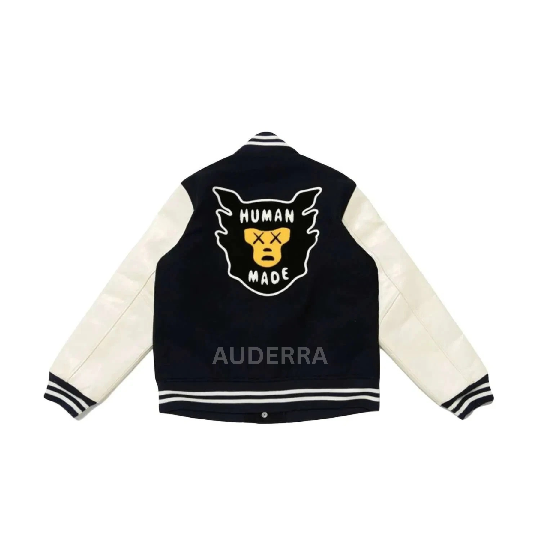 Human Made Kaws Black Wool White Leather Sleeves Varsity Letterman Men's Jacket - Image 5