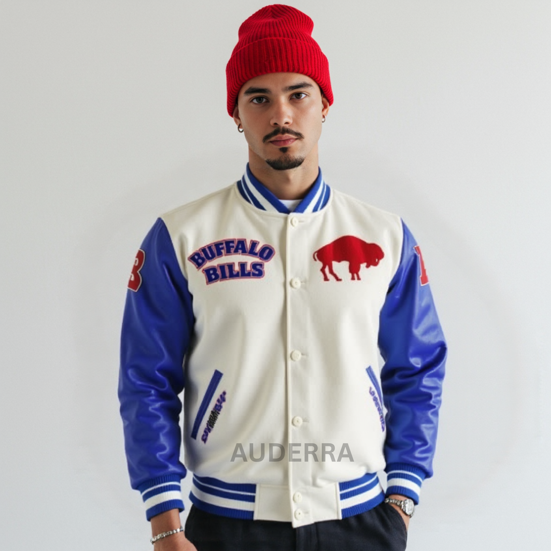 Buffalo Bills Wool and Genuine Leather Sleeves Varsity Men's Letterman Jacket - Image 2