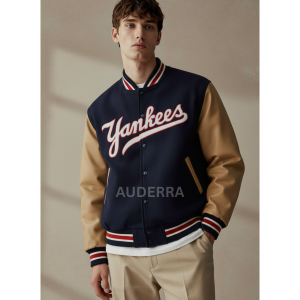 NY Yankees Y2K World Series Varsity Wool Genuine Leather Sleeves Bomber Jacket