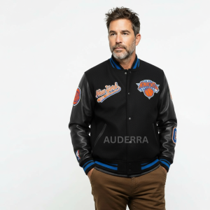 NY Knicks Script Tail Varsity Black Wool Genuine Leather Sleeves Men's Jacket