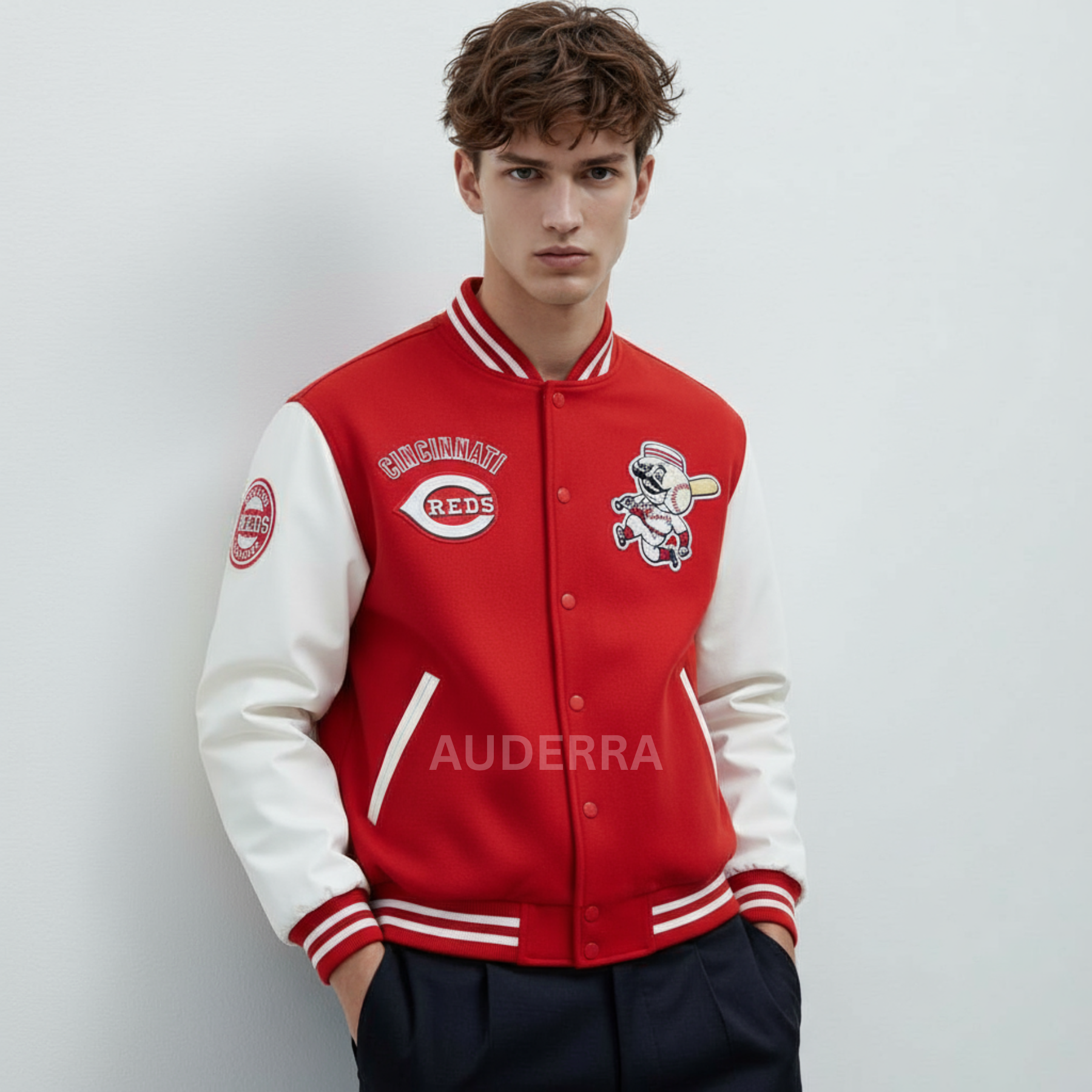 Cincinnati Reds Women's Red Wool Genuine Leather Sleeves Varsity Letterman Jacket