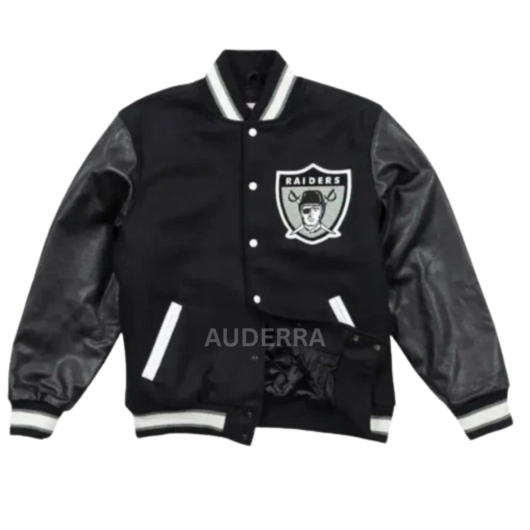 Oakland Raiders Black Wool Genuine Leather Letterman Varsity Women's Bomber Jacket - Image 3