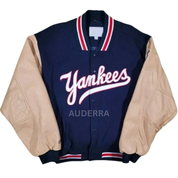 NY Yankees Y2K World Series Varsity Wool Genuine Leather Sleeves Bomber Jacket - Image 2