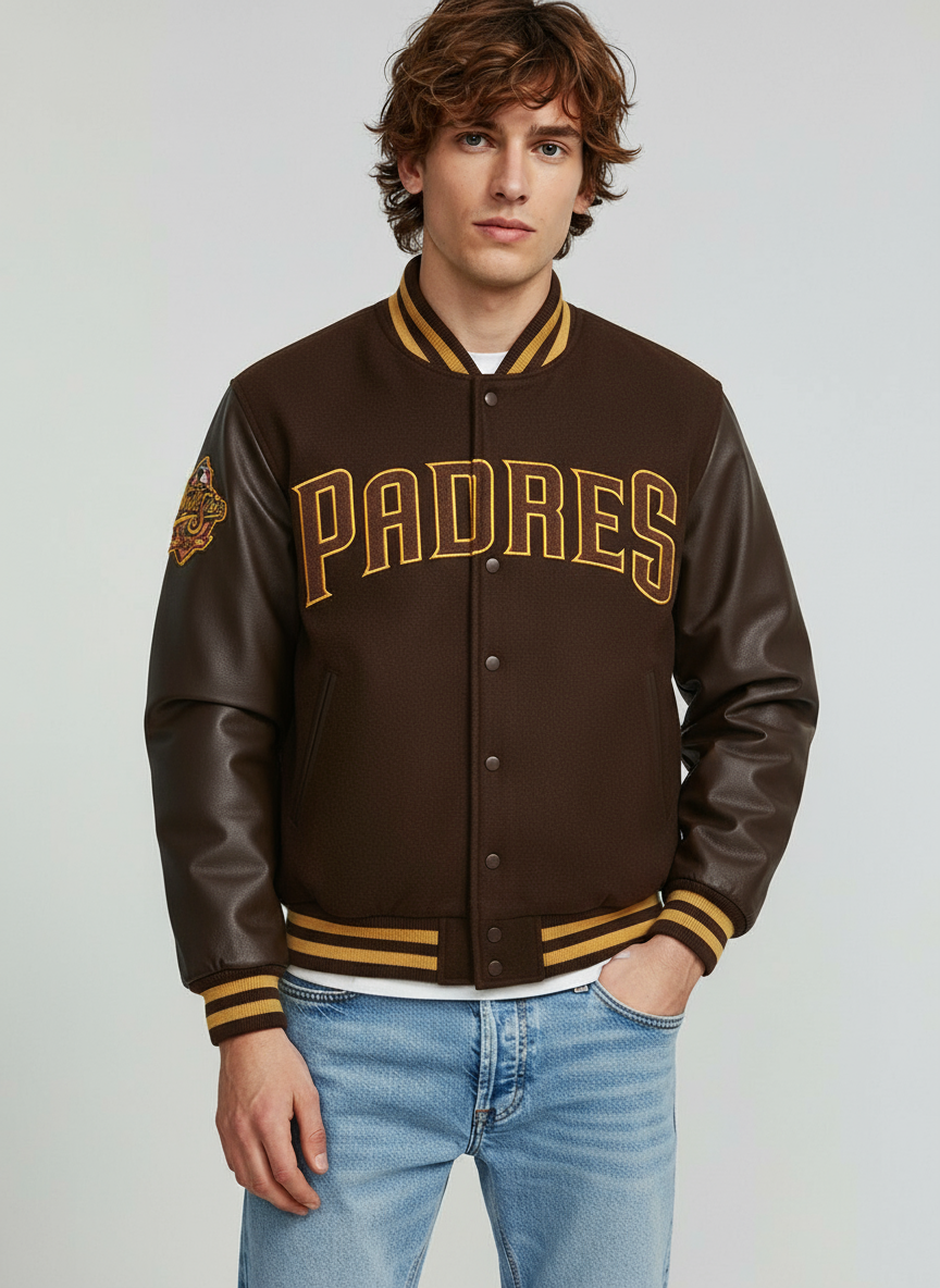 San Diego Padres Brown Wool Full-Snap Varsity Men's Letterman Bomber Men Jacket