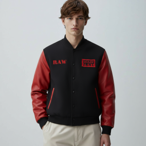 Raw is War Retro Black Wool Red Genuine Leather Varsity Women's Letterman Jacket