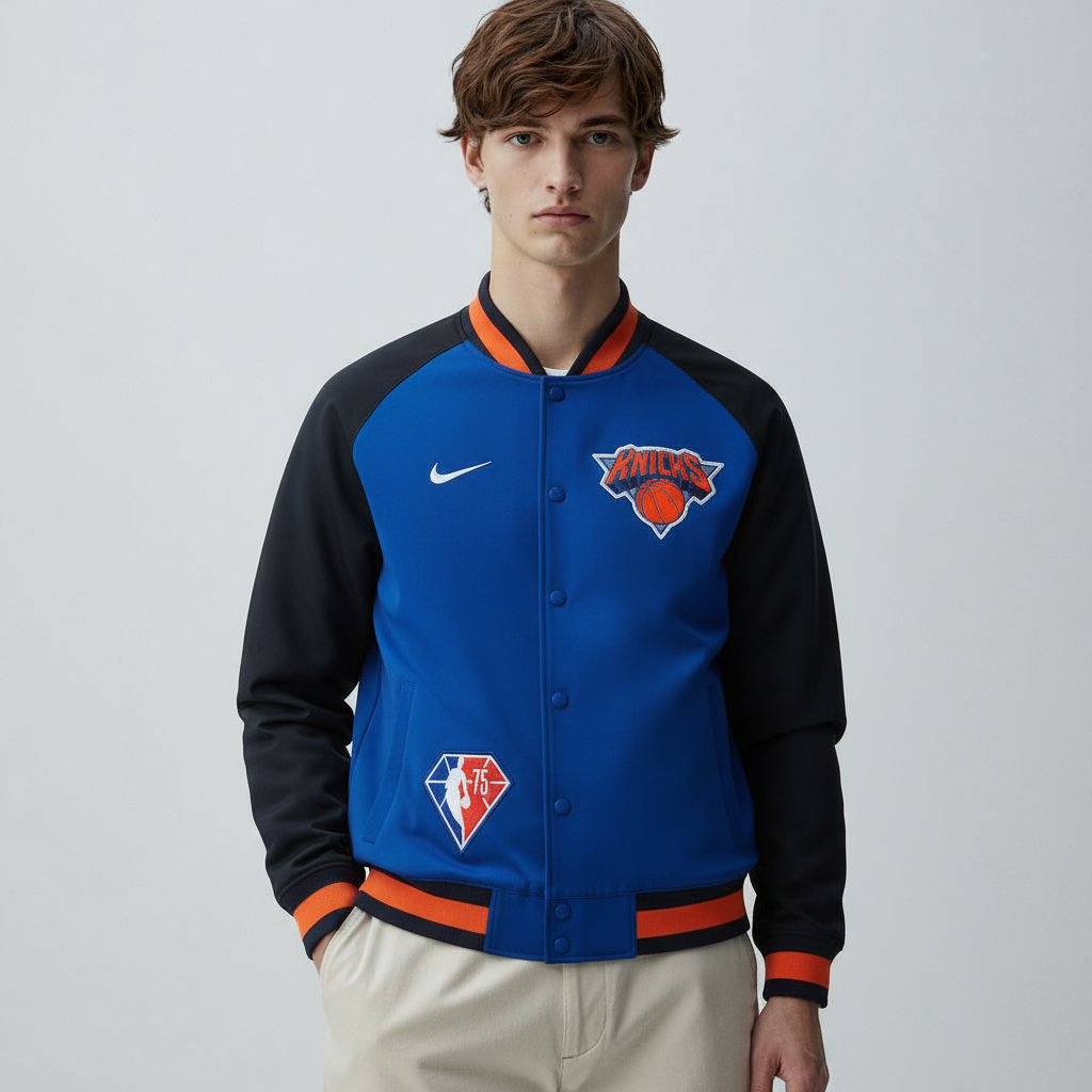 NY Knicks Showtime Varsity Blue and Black Wool Men's Letterman Bomber Jacket