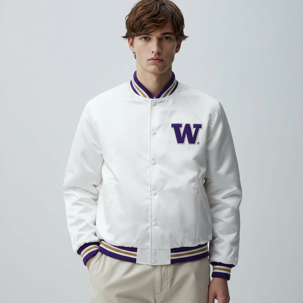 Washington Huskies White Button Up Full-Snap Satin Bomber Letterman Women's Jacket - Image 2