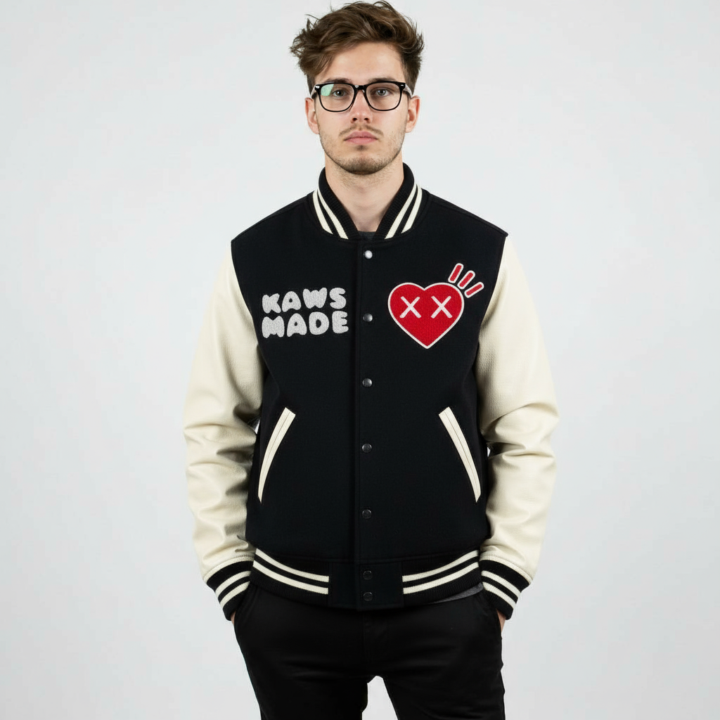 Human Made Kaws Black Wool White Leather Sleeves Varsity Letterman Men's Jacket - Image 2