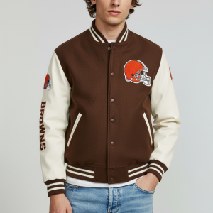 Cleveland Browns Brown Wool Genuine White Leather Varsity Women_s Letterman Jacket