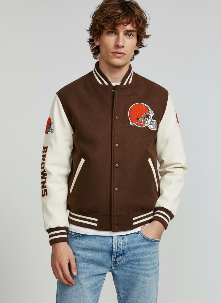 Cleveland Browns Brown Wool Genuine White Leather Varsity Women_s Letterman Jacket