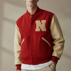 University of Nebraska Letterman Red Wool Genuine Leather Bomber Jacket