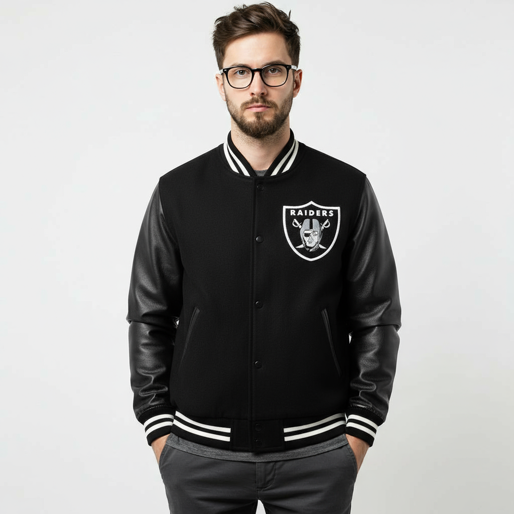 Oakland Raiders Black Wool Genuine Leather Letterman Varsity Women's Bomber Jacket