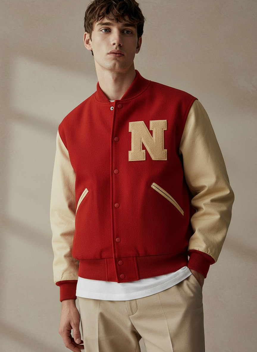 University of Nebraska Letterman Red Wool Genuine Leather Bomber Jacket