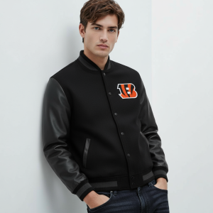 Cincinnati Bengals Black Wool and Genuine Leather Sleeves Varsity Men's Jacket