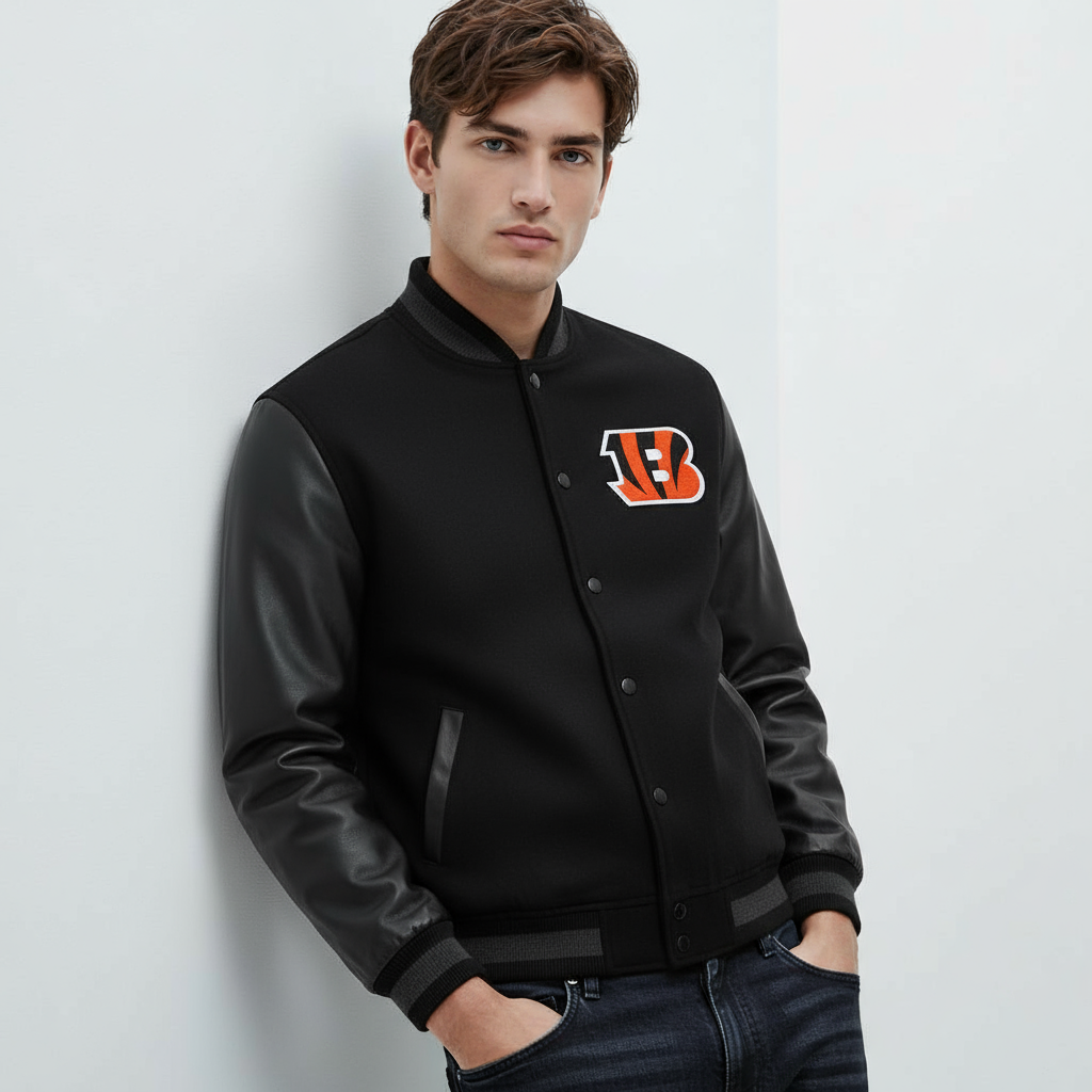 Cincinnati Bengals Black Wool and Genuine Leather Sleeves Varsity Men's Jacket