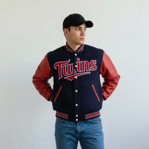 Minnesota Twins Navy Blue Wool Red Leather Varsity Men's Letterman Bomber Jacket