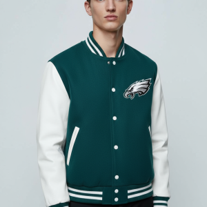 Philadelphia Eagles Green Wool and Leather Letterman Varsity Women's Bomber Jacket