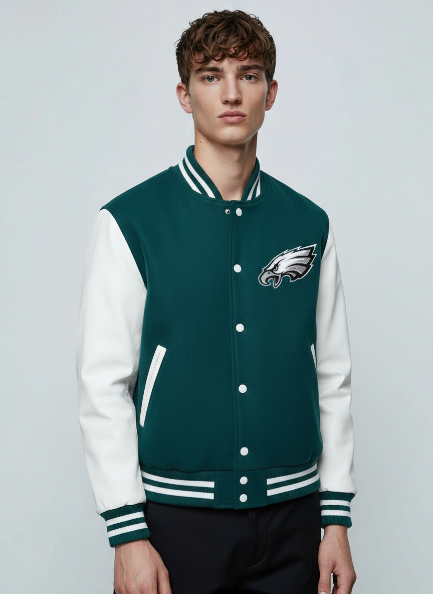 Philadelphia Eagles Green Wool and Leather Letterman Varsity Men's Bomber Jacket