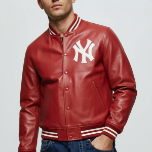 Supreme NY New York Yankees Full-Zip Varsity Red Genuine Leather Women's Jacket