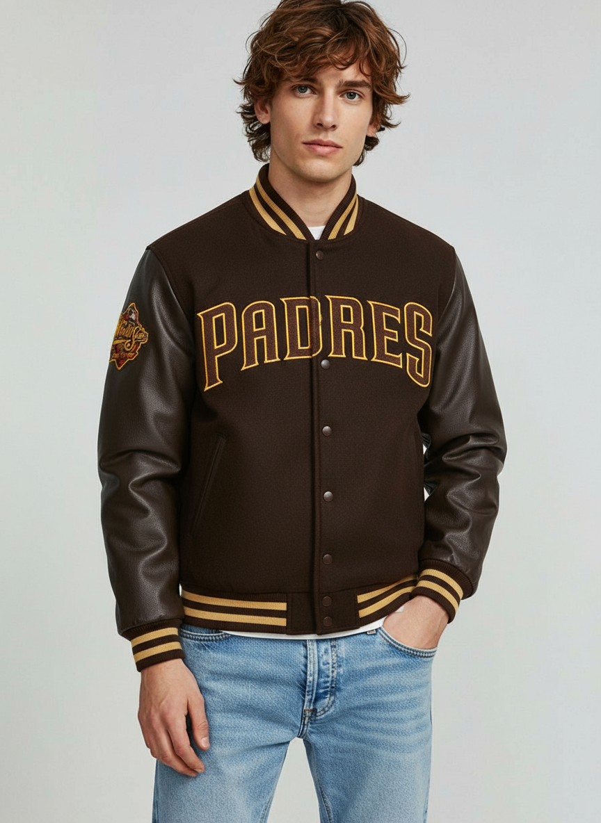 San Diego Padres Brown Wool Full-Snap Varsity Men's Letterman Bomber Men Jacket - Image 4
