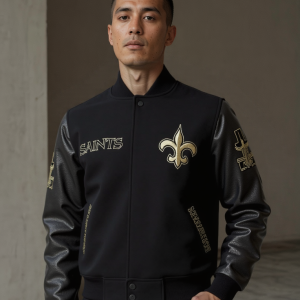 New Orleans Saints Black Wool Genuine Leather Sleeves Varsity Letterman Jacket