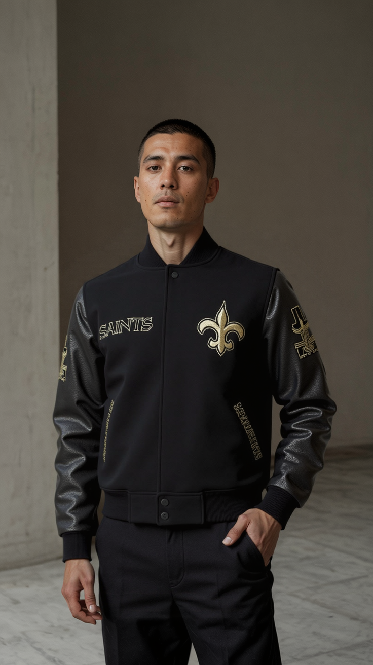 New Orleans Saints Black Wool Genuine Leather Sleeves Varsity Letterman Jacket